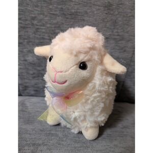 Tom's Toys Chubby Lamb Plush Small Cream Rainbow Ribbon Bow Swirl Fur